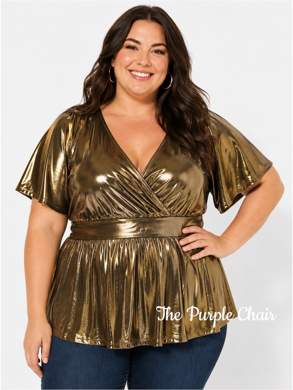 TORRID NWT Gold Short Flutter Sleeve Liquid Shine Surplice Peplum Top 2X